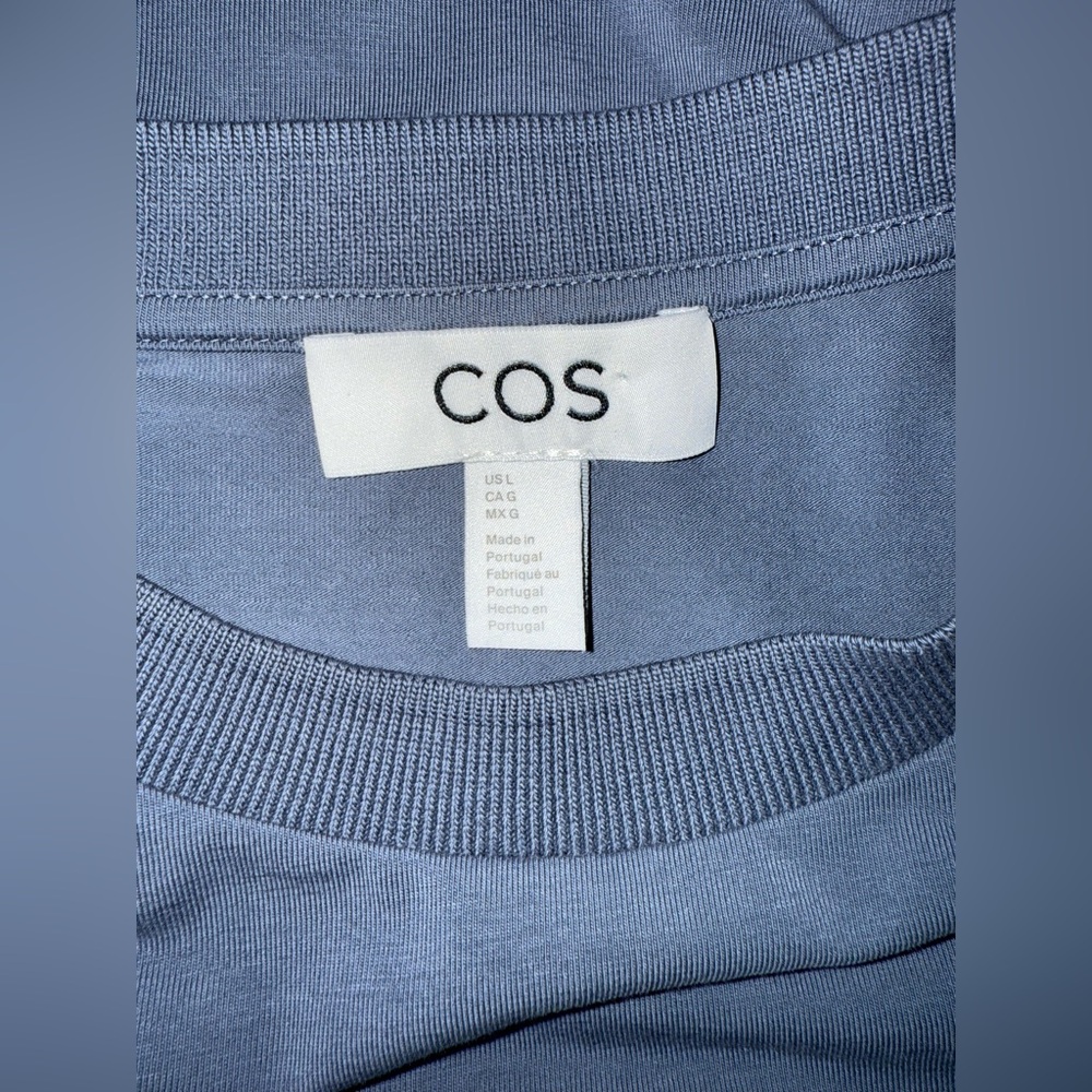 COS Steel Blue Asymmetric Flow Ruched Stretch Cotton Jersey T-Shirt Midi Dress L - Picture 11 of 13